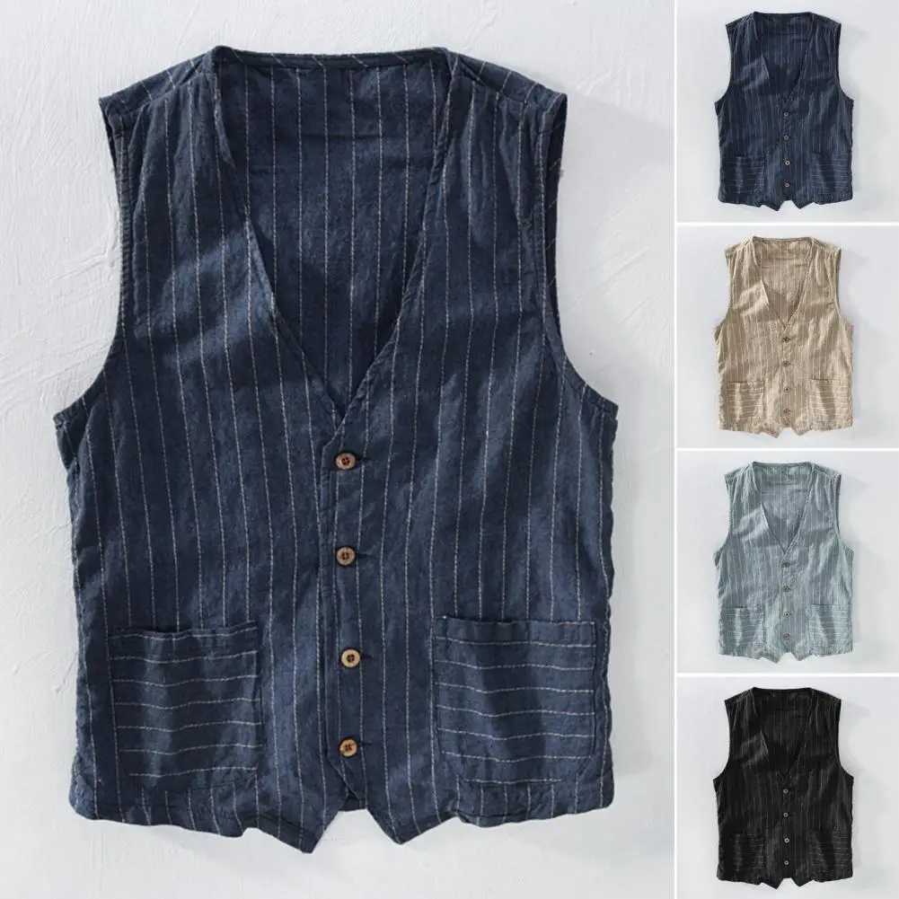 Male Clothing Leisure Suits M-3Xl Summer Linen Vest Thin Vest Men Casual Sleeveless Jacket Stripe Waistcoat X250403
