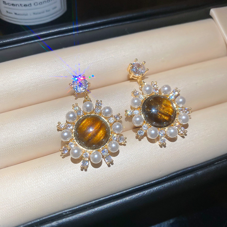 Silver Needle Tiger Eye Stone Pearl Zircon Vintage Melad for Women Simple Versatile Earrings with a Sense of Design Niche - view 6