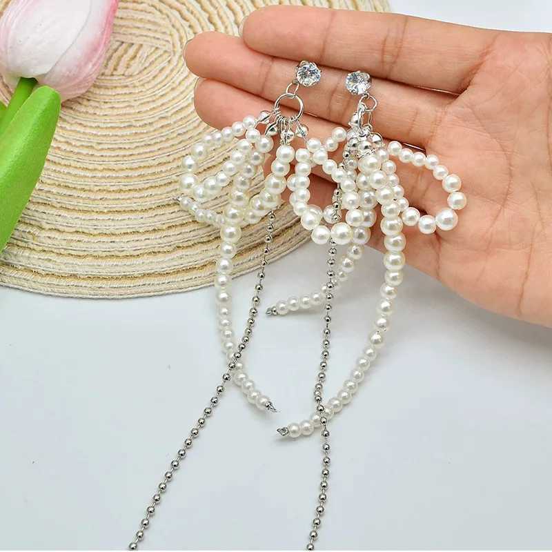 European And American Light Luxury Exquisite Imitation Pearl Bow Chain Tassel Dangle Earrings Fashion Women Jewelry Gifts Y250401