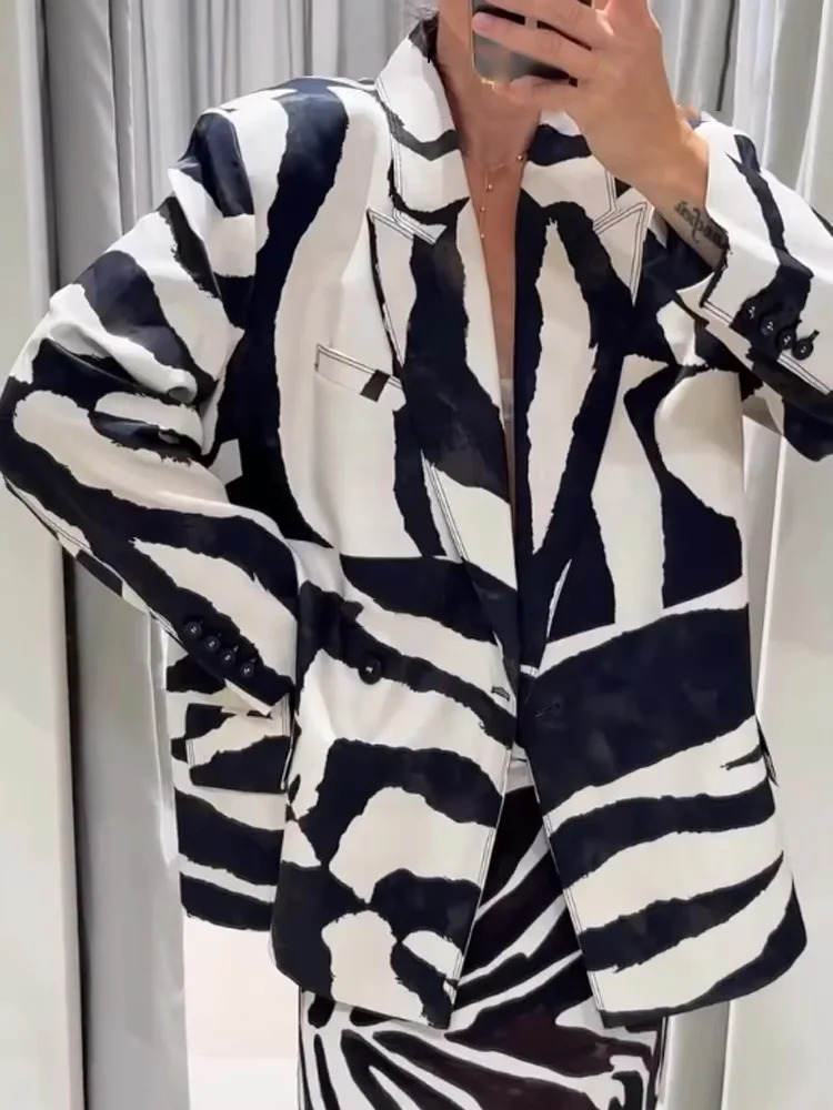 HH Women Suit Zebra Stripes Pocket Single Deduction Decorate TurnDown Collar Blazer JacketZipper Casual WideLeg Pants251027