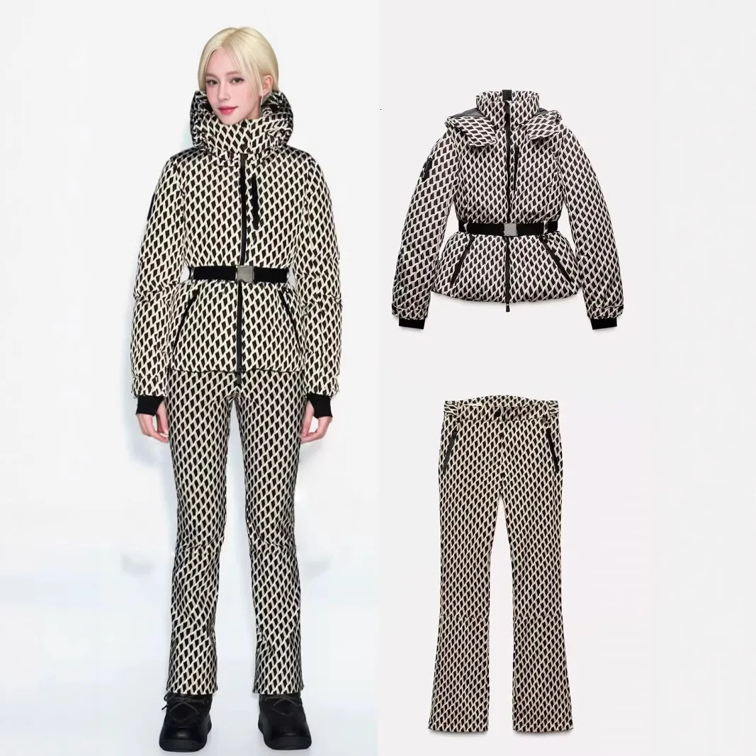 Winter Two Piece Skiing Set Hooded High Waist Padded Sport Parka Jacket Belt Female Thick Warm Pockets Windproof Pant 251103