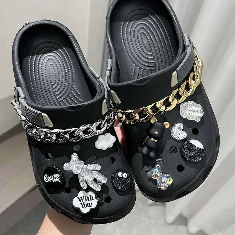 New Cave Shoe Accessories DIY Gold Silver Chain Teddy Bear Shoe Student Slippers Decorative Detachable Z250402