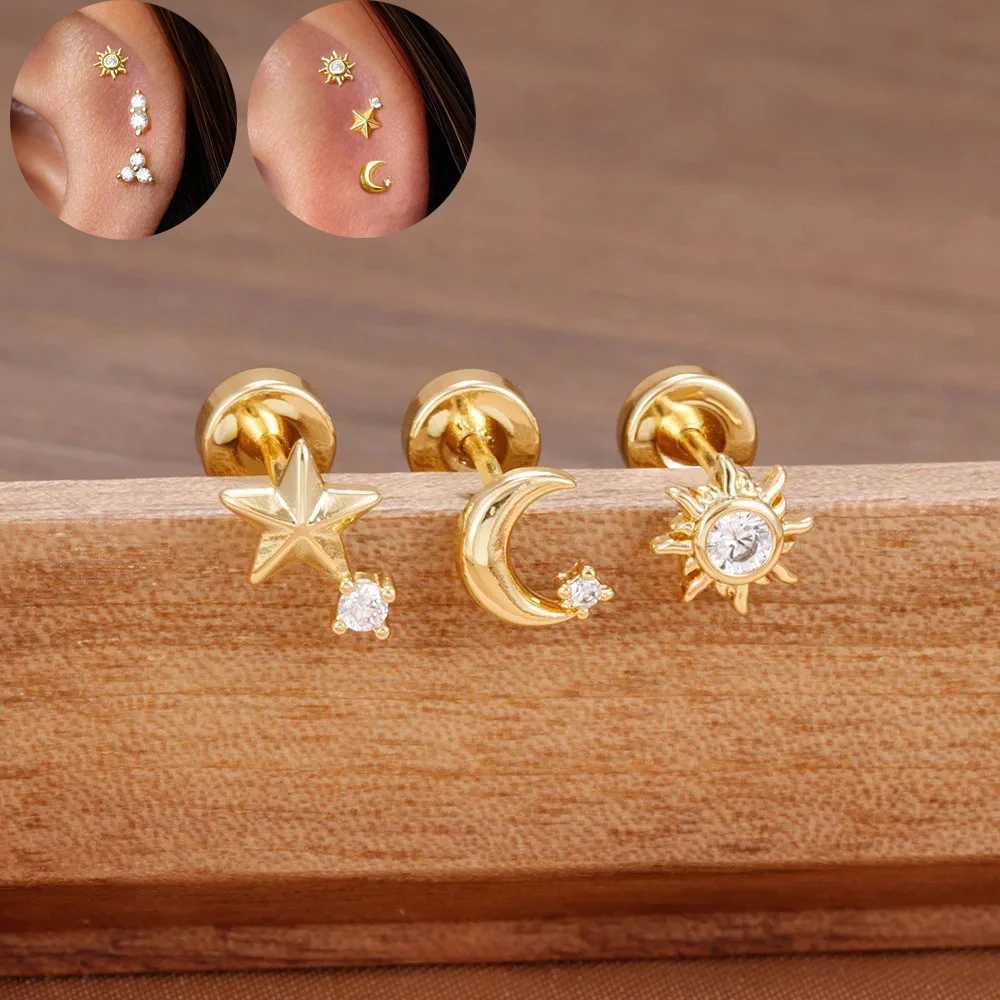 3PCS New Arrival Zircon Star Moon Sun Piercing Earrings Set for Women Simple Stainless Steel Ear Stud Earring Daily Wear Jewelry C251103