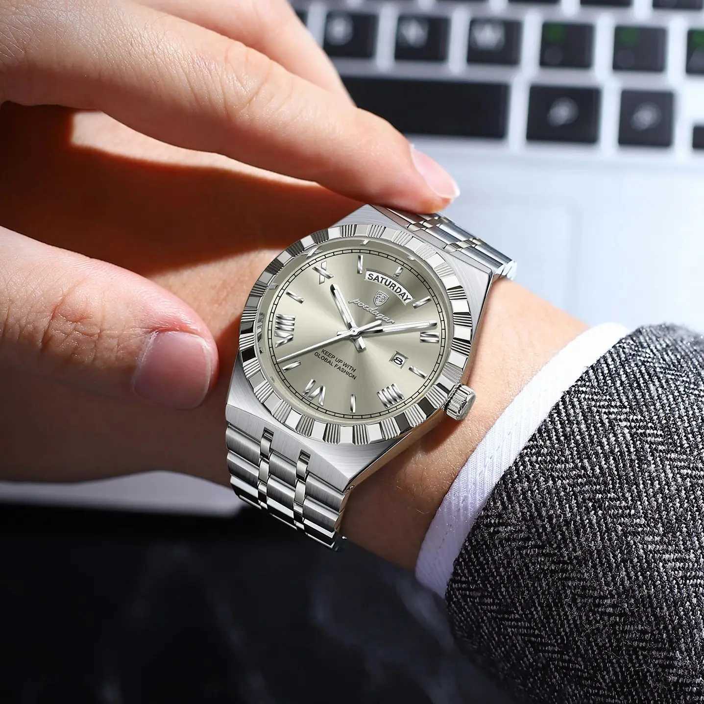 POEDAGAR Luxury Fashion Man Wristwatch Week Date Waterproof Luminous Mens Clock Stainless Steel Quartz Business Watches For MenW251104