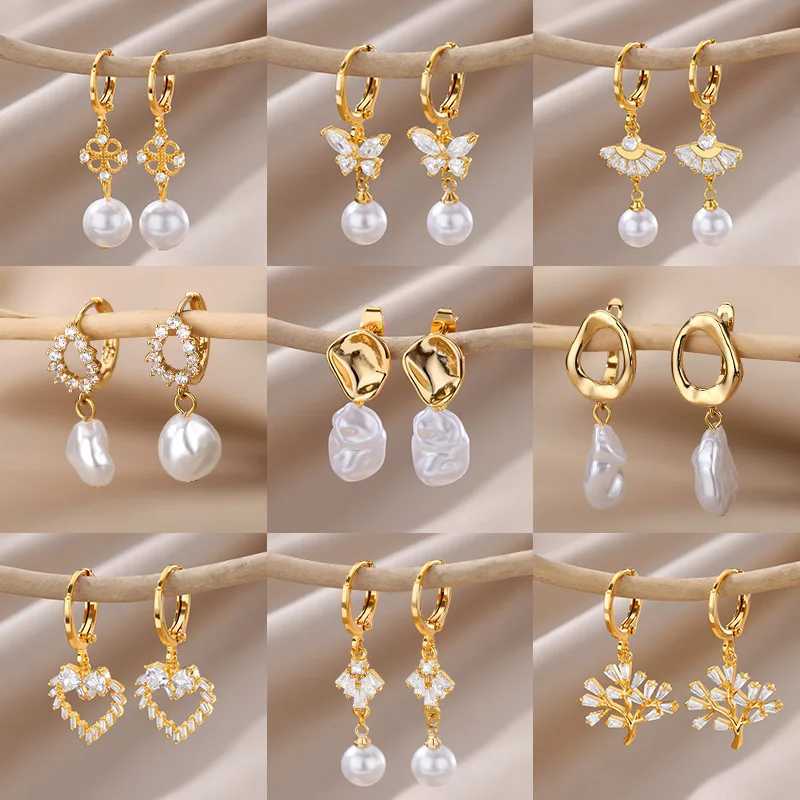 Zircon Pearl Earrings For Women 2023 Trending Stainless Steel Gold Color Drop Earring Wedding Party Luxury Jewelry Bijoux Femme C251103