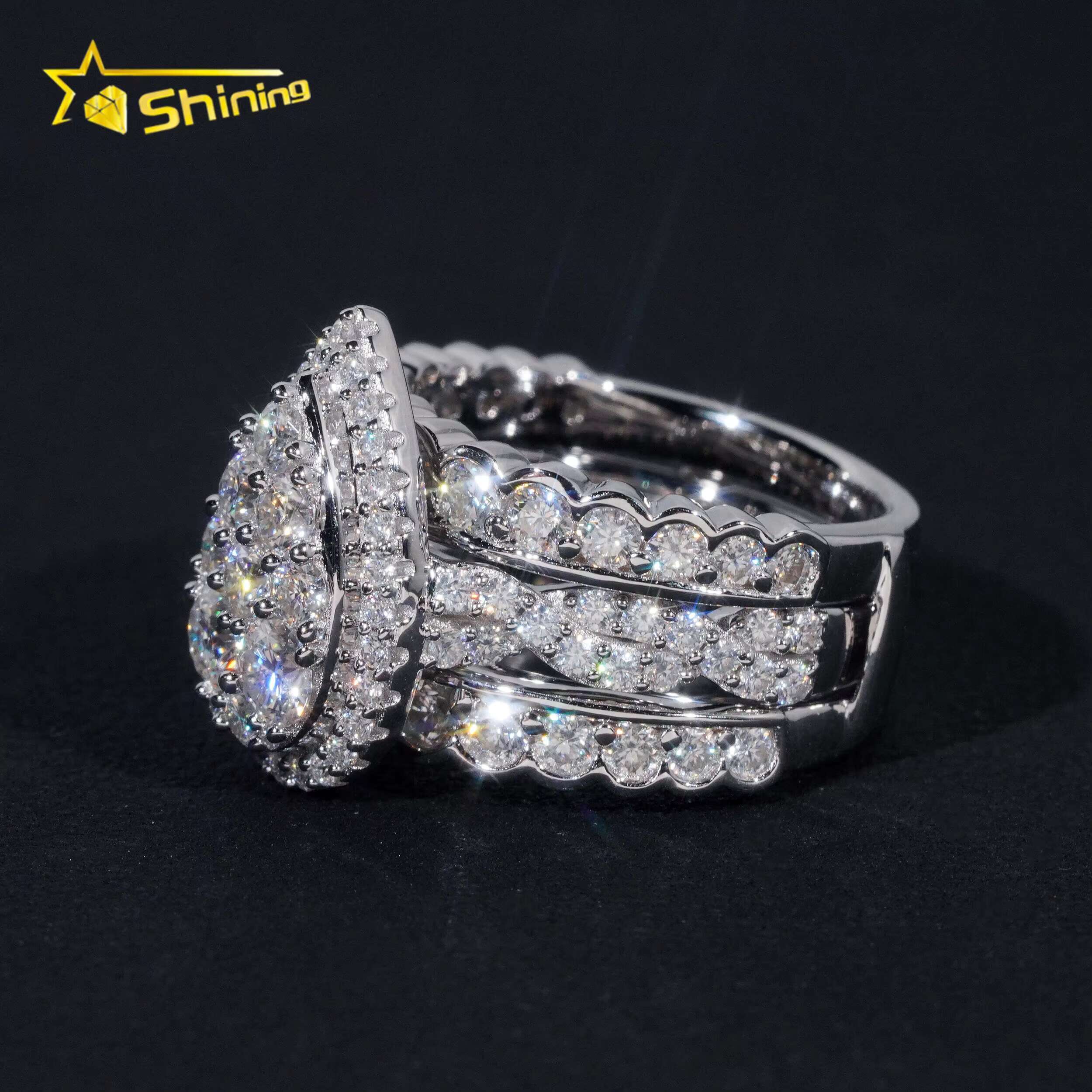 Trendy 925 Silver Rhodium Plated Custom Full VVS Moissanite Diamond Wedding Engagement Rings Set for Women