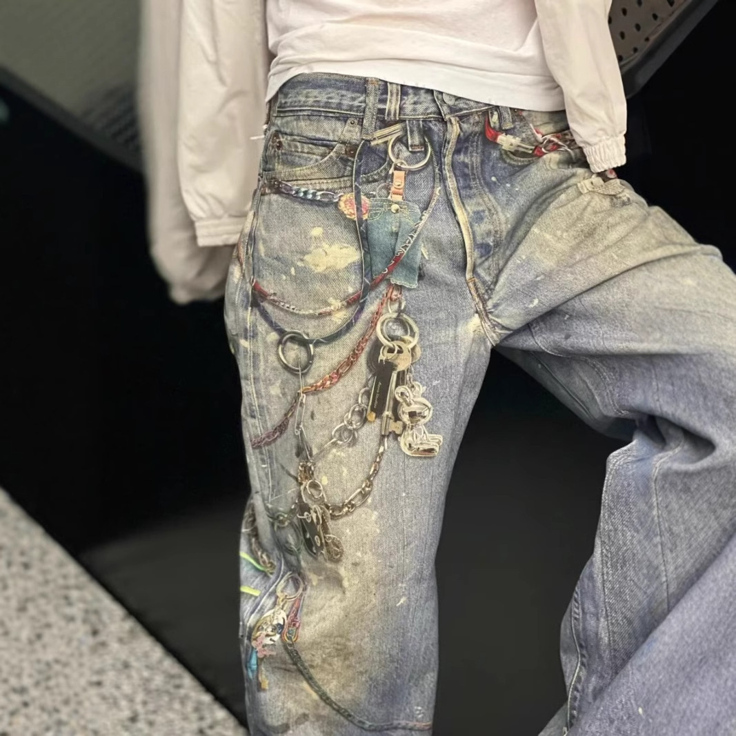 American washed vintage printed jeans men's spring and autumn straight leg loose high street Vibe style long pants