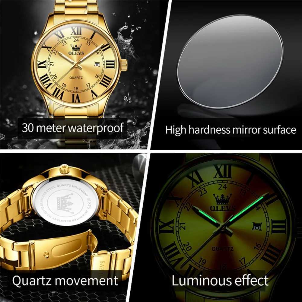 OLEVS Luxury Roman scale Mens Watches Gold Stainless steel Date Quartz Watch for Male Waterproof Fashion Luminous WristwatchW251104