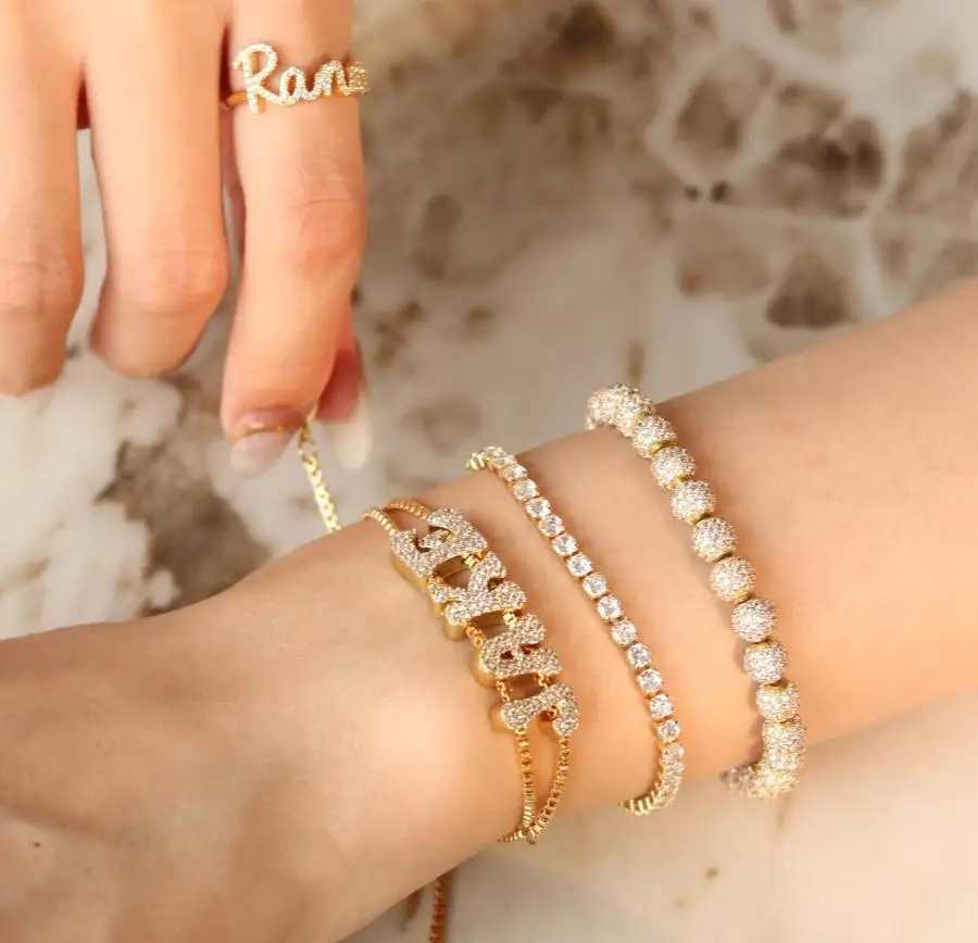 Doremi Fat Bubble Slide Initial Letter Bracelet Full Crystal Letter Womens Name DIY Slide Letter Bracelet Y250329