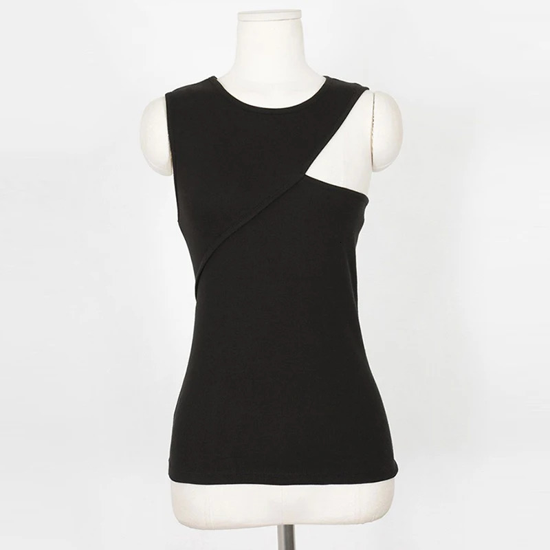 Oneck summer knitted sleeveless sexy basic Tshirt white shoulder strap black vest casual 2025 250403e