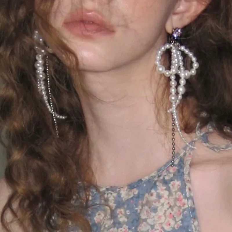 European And American Light Luxury Exquisite Imitation Pearl Bow Chain Tassel Dangle Earrings Fashion Women Jewelry Gifts Y250401