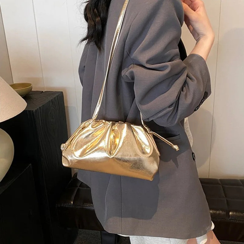Small Womens Soft PU Leather Gold Silver Cloud Hobo Bag Elegant Dressy Handbag Ruched Dumpling Party Clutch Purse 251029