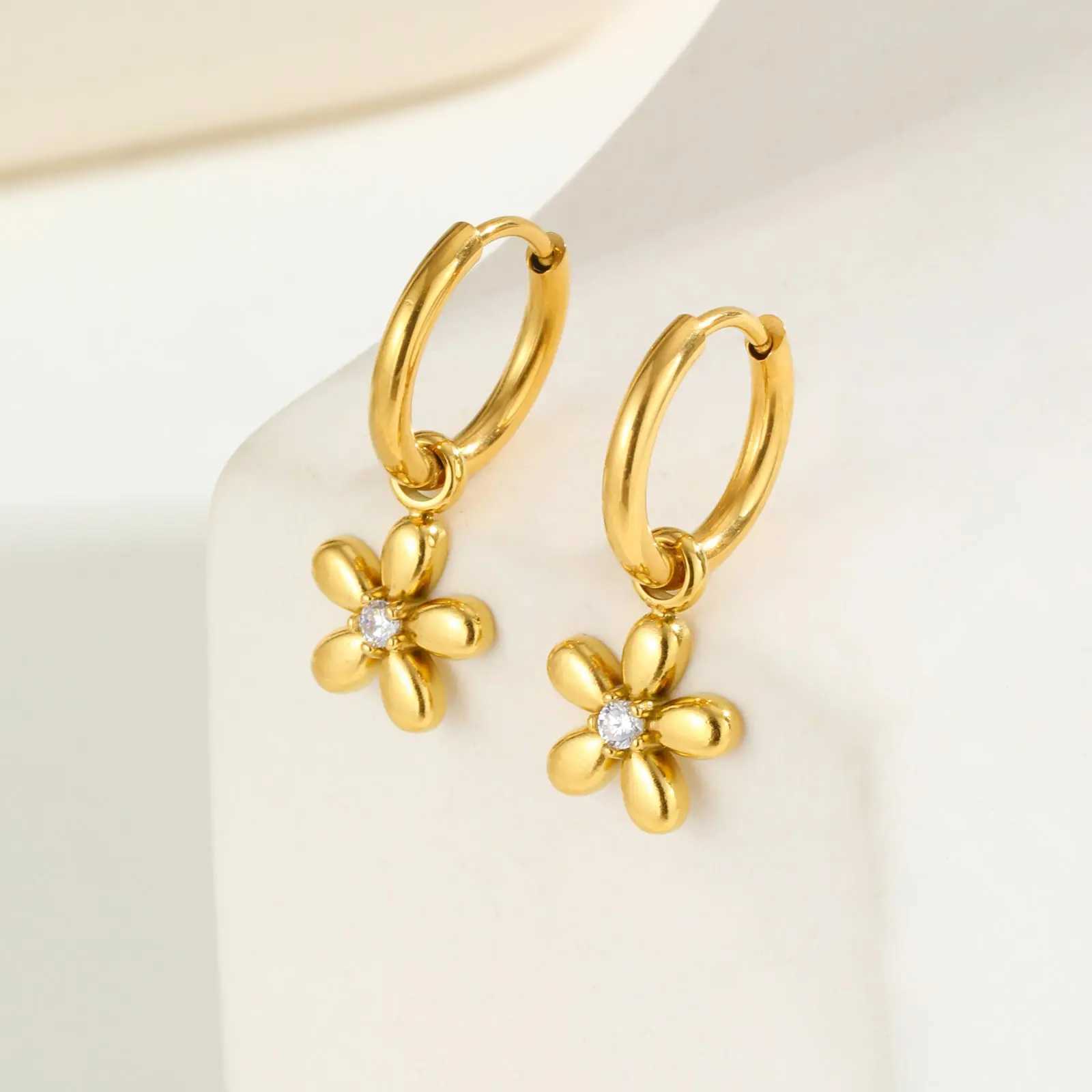 Exquisite Zircon Flower Hoop Earrings for WomenGold Color Stainless Steel EarringsFashion Jewelry Gift C251103