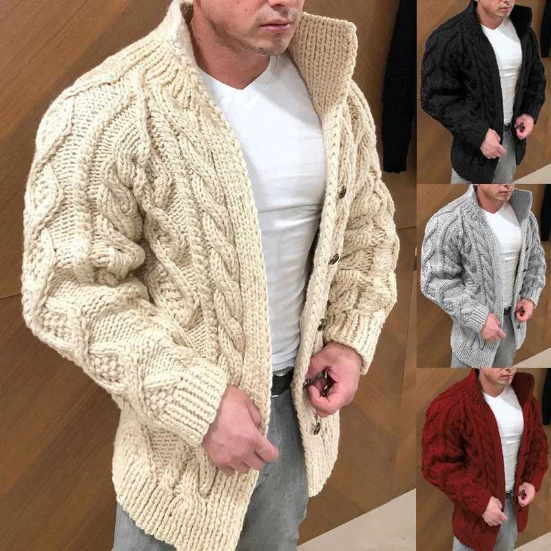 Thickened Cable Knit Mens Cardigan Solid Color Mans Knitwear with Stand-Collar Autumn Causal Sweater for Man and WomanT251103