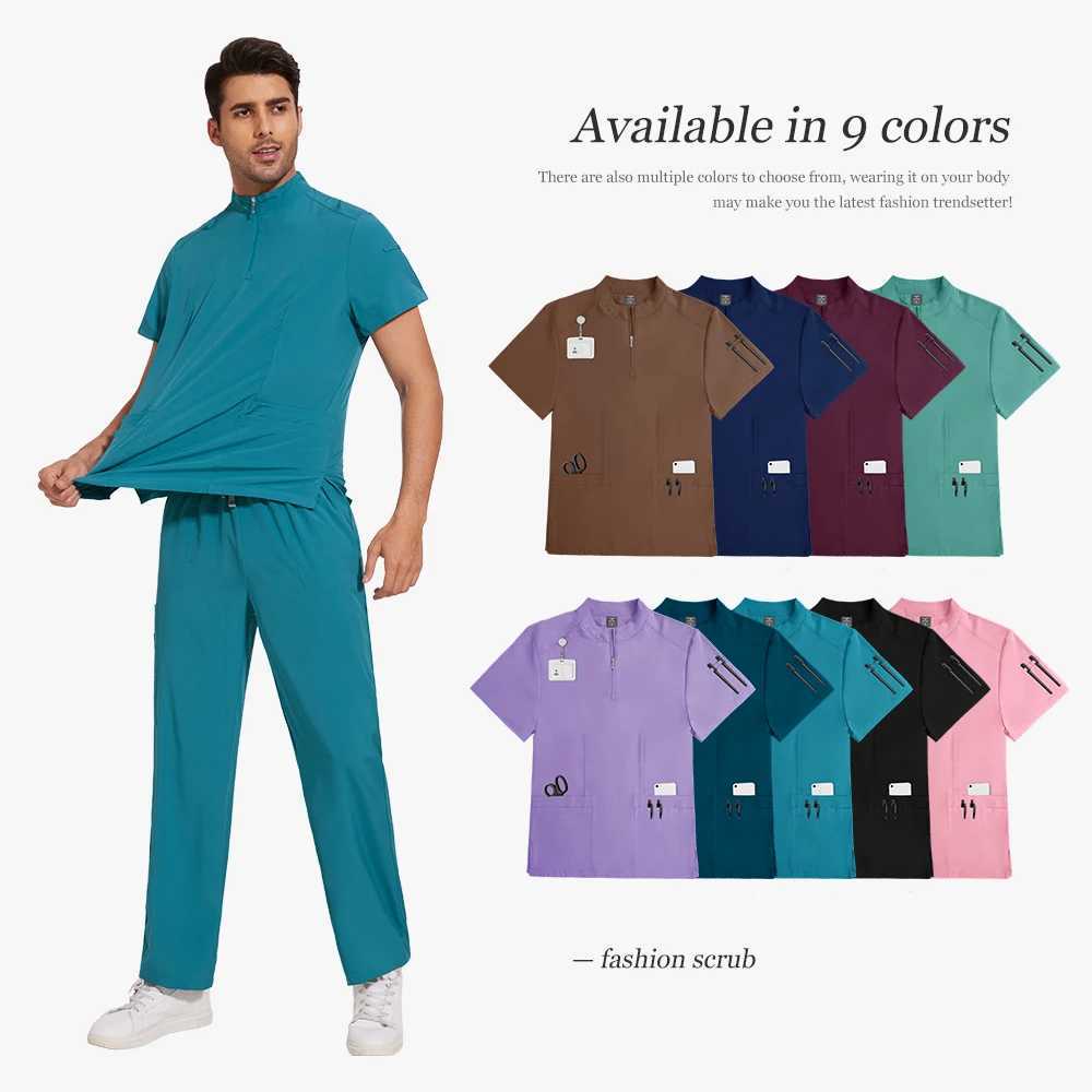 Nursing Uniform Hospital Scrubs Uniforms Sets Men Women Nurses Scrub Hospital Accessories Zipper Collar Short Sleeved Tops Pants J251103