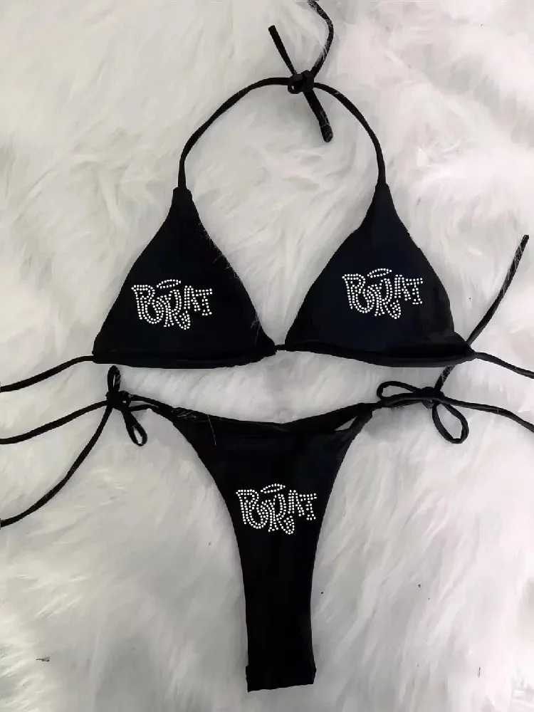 Woman Punk Beach Swimwear gothic clothes BRAT Rhinestone printing Grunge Swimsuit Bikini Y2K Bathing Suits Lace Up 250403