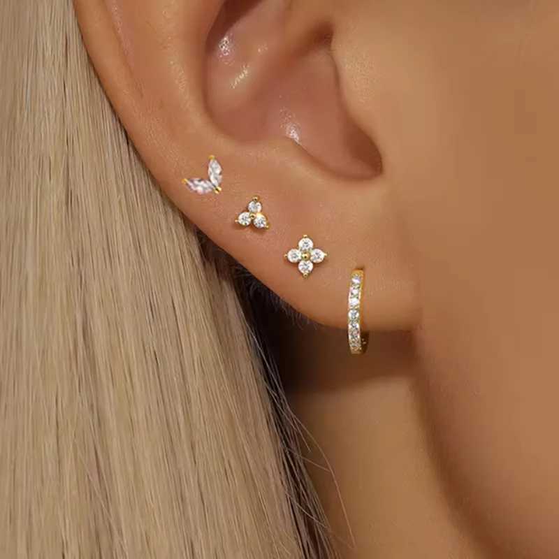 4PCS 18K Gold Plated Flower Round Piercing Earrings Set For Women Stainless Steel Zircon Punk Stud Earring Trendy Jewelry aretes C251103
