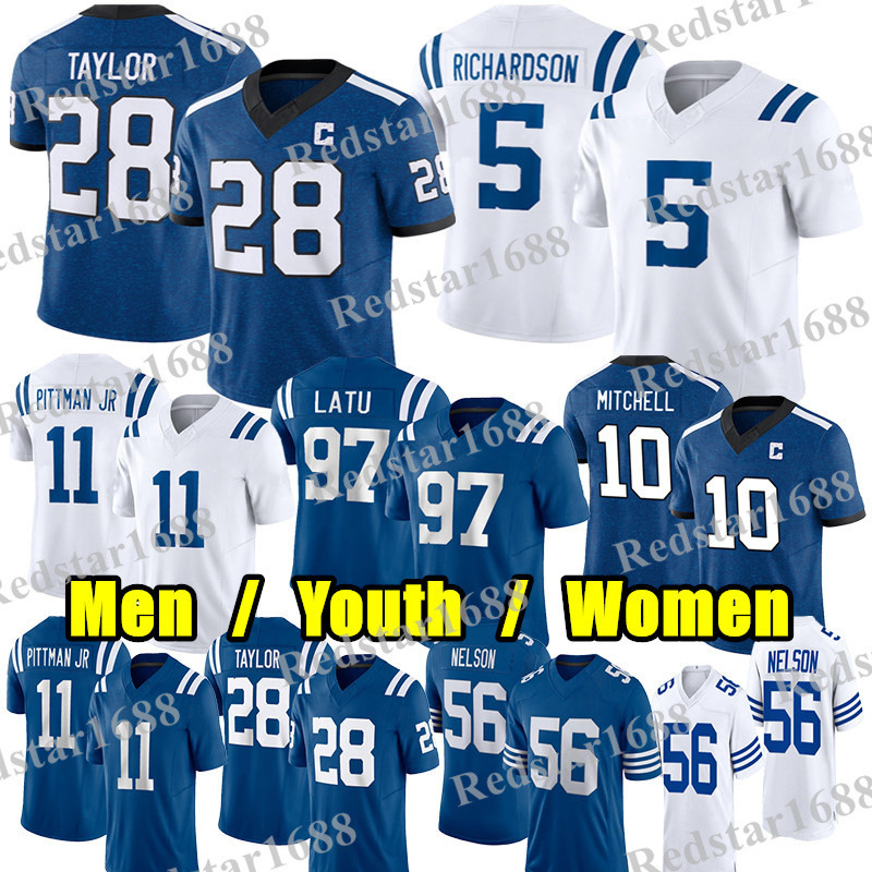 28 Jonathan Taylor Football Jersey 5 Anthony Richardson Adonai Mitchell Michael Pittman Jr Quenton Nelson Nick Cross Laiatu Latu Daniel Jones Tyler Wa