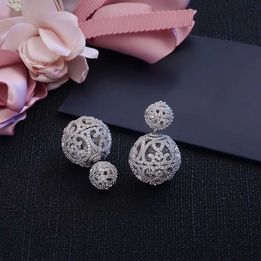 Korean Fashion Miniature Zircon Pave Double sided Hollow Ball Jacket Earrings Suitable for Womens Fashion Clothing Jewelry Pendiente Mujer Y250401