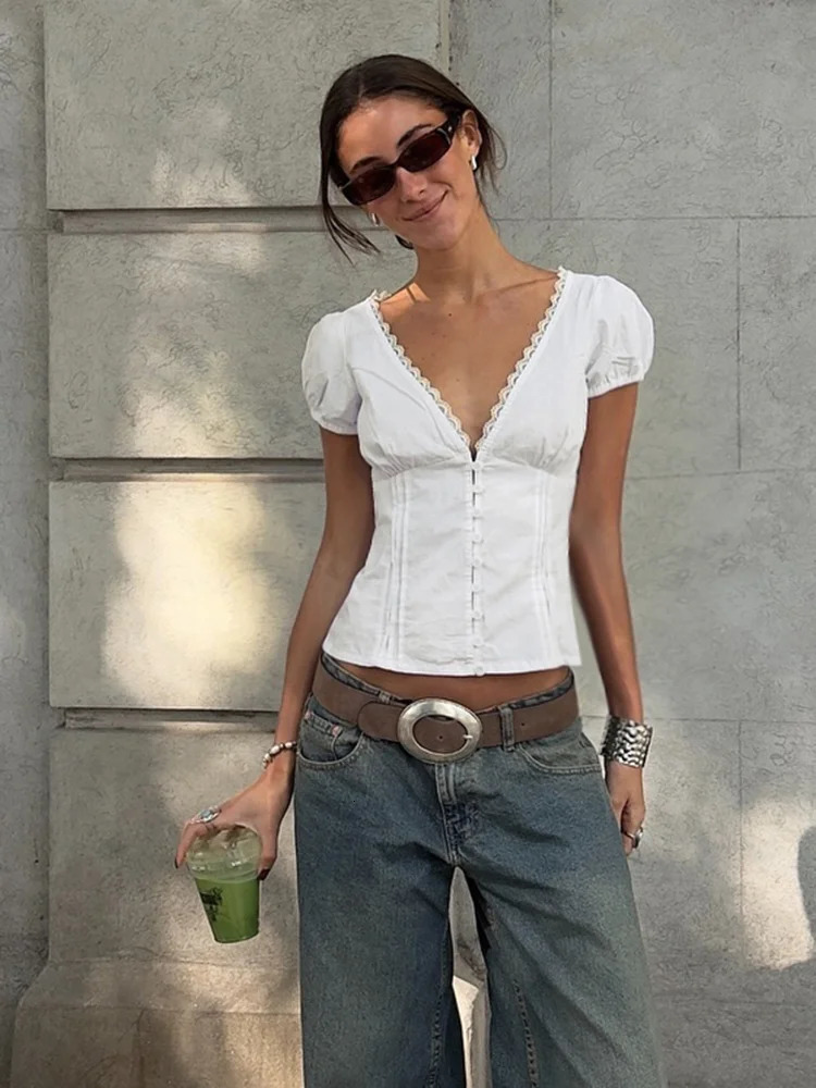 2025 sexy summer solid top fashion deep Vneck lace patch work short sleeved ultrathin womens shirt streetwear 250402m