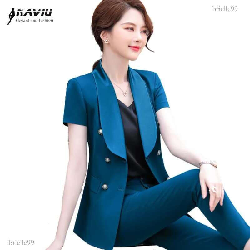 Women's Two Piece Pants 2021 Women Suits Clothes Summer Fashion Business Casual Short Sleeve Slim Blazer And Office Ladies Work Wear