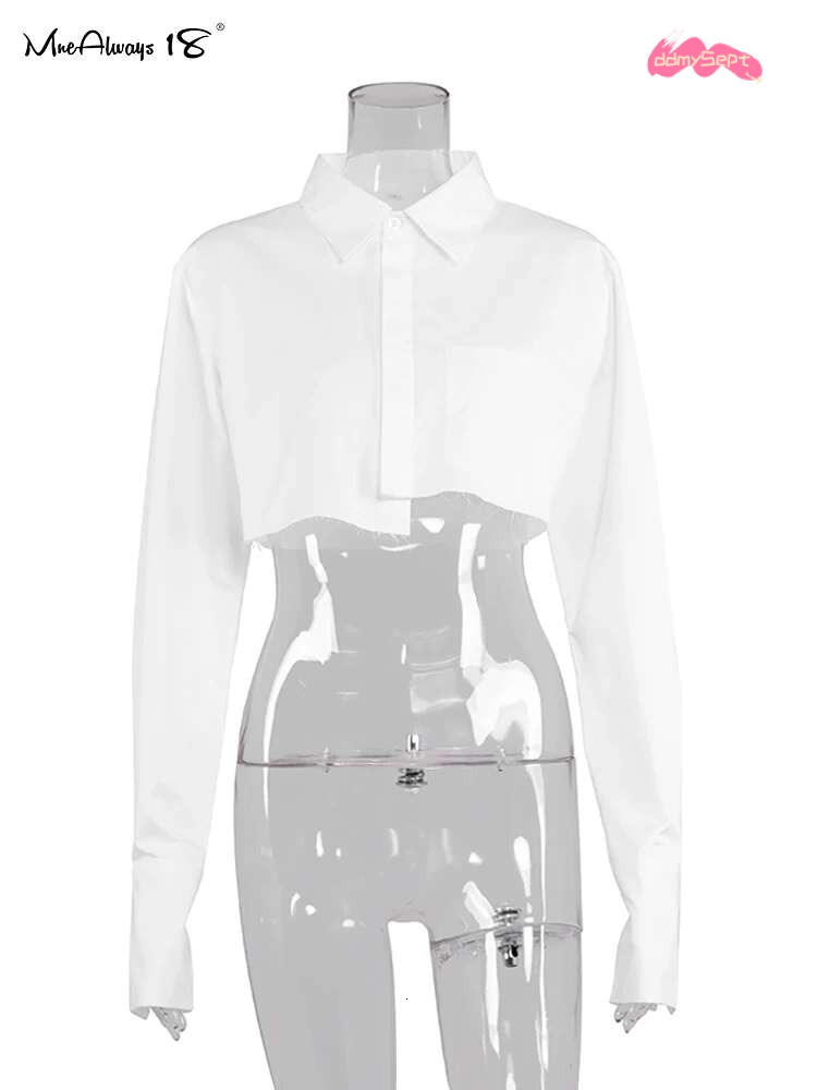 Mnealways18 Streetwear White Cropped Blouse Women Long Sleeve Cotton Shirt Turn Down Collar Spring Casual Tops Button Irregular ddmySept