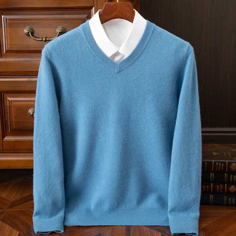 2025 Mens 100 Merino Wool Cashmere V-neck Sweater Pullover Smart Casual Basic Long Sleeve Knitwear Clothes Tops Autumn WinterT251103