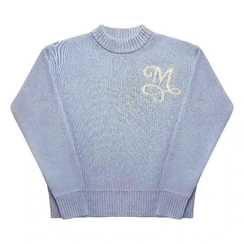 Y2K Sky Blue Long Sleeve Sweater Signature M Symbol Pattern Sweater Trendy Vintage Autumn Winter Unisex Oversized ClothingT251103