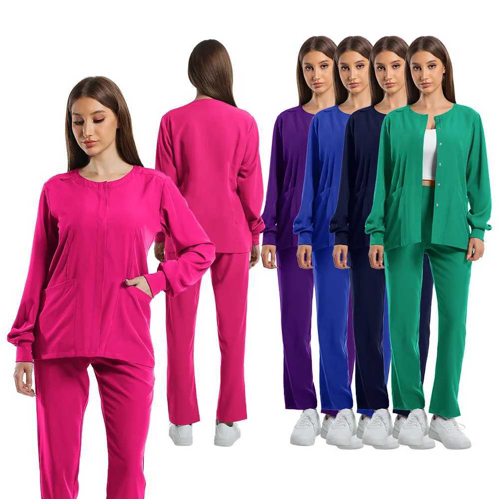 Nurse Uniforms Round Neck Top Scrub Jacket Straight Pants Sets Surgical Workwear Hospital Long Sleeve Snap Front Medical Outfit J251103
