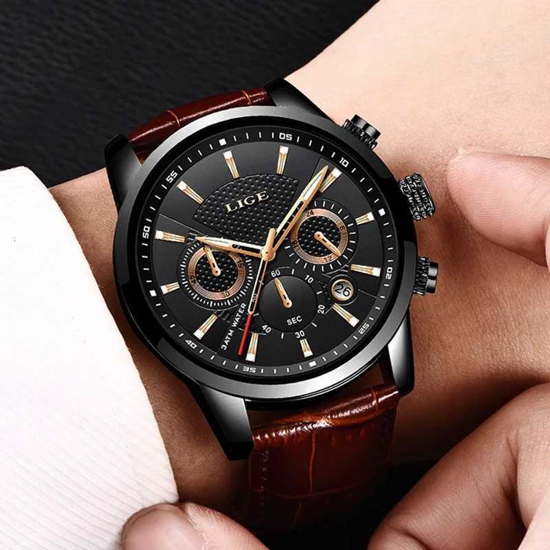 LIGE Mens Watches Luxury Waterproof Military Sport Man Watch Chronograph Genuine Leather Men Quartz Wristwatch Relogio MasculinoW251104