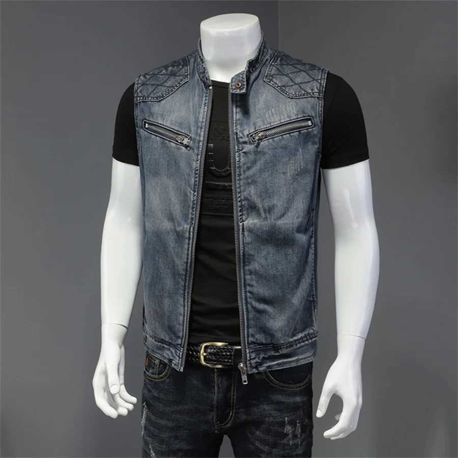 Punk Style Mens Denim Vest Sleeveless Jeans Jacket Men Ripped Slim Fit Waistcoat Stand Collar Cowboy Tops Hip Hop Streetwear X250403
