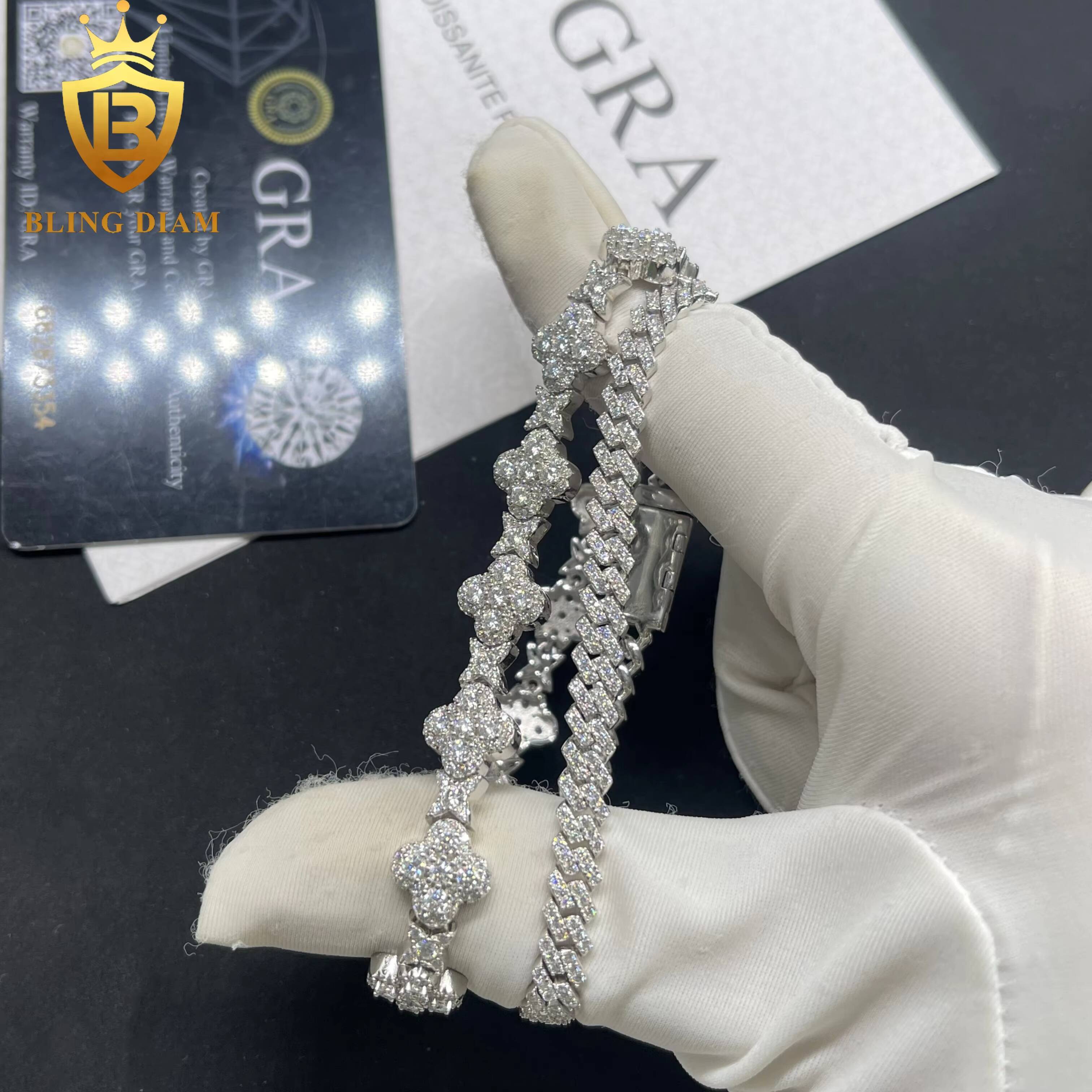 Iced Out Hip Hop Jewelry 925 Sterling Silver Vvs Moissanite 5mm Cuban Link Chains 10mm Flower Cross Bracelets for Men