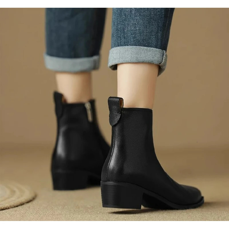 Womens Ankle Boots Minimalist Pointed Toe Mid Heel Booties with Soft Leather Side Zipper Slimming Fashion Boots 251030