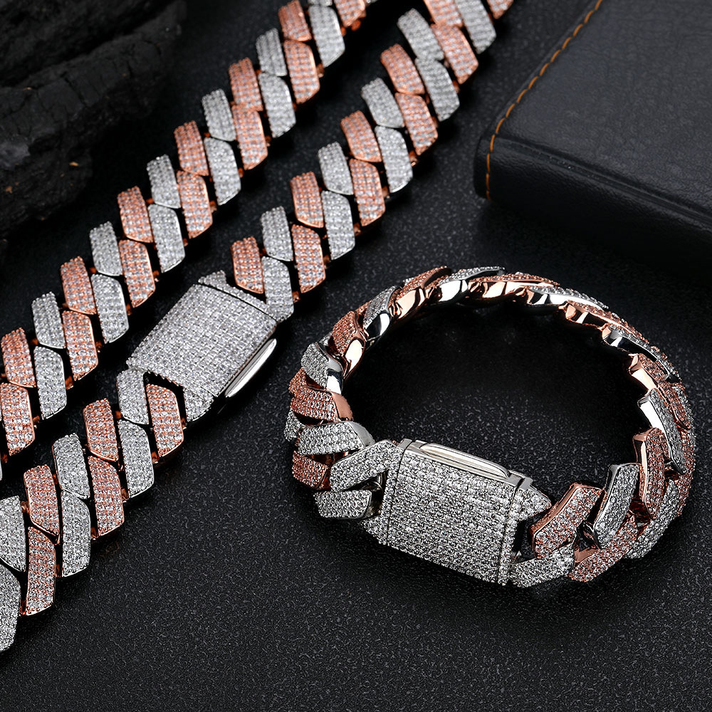 Trendy men's bracelet 20mm flip buckle with three rows of zircon dia Cuban chain thick hip-hop necklace