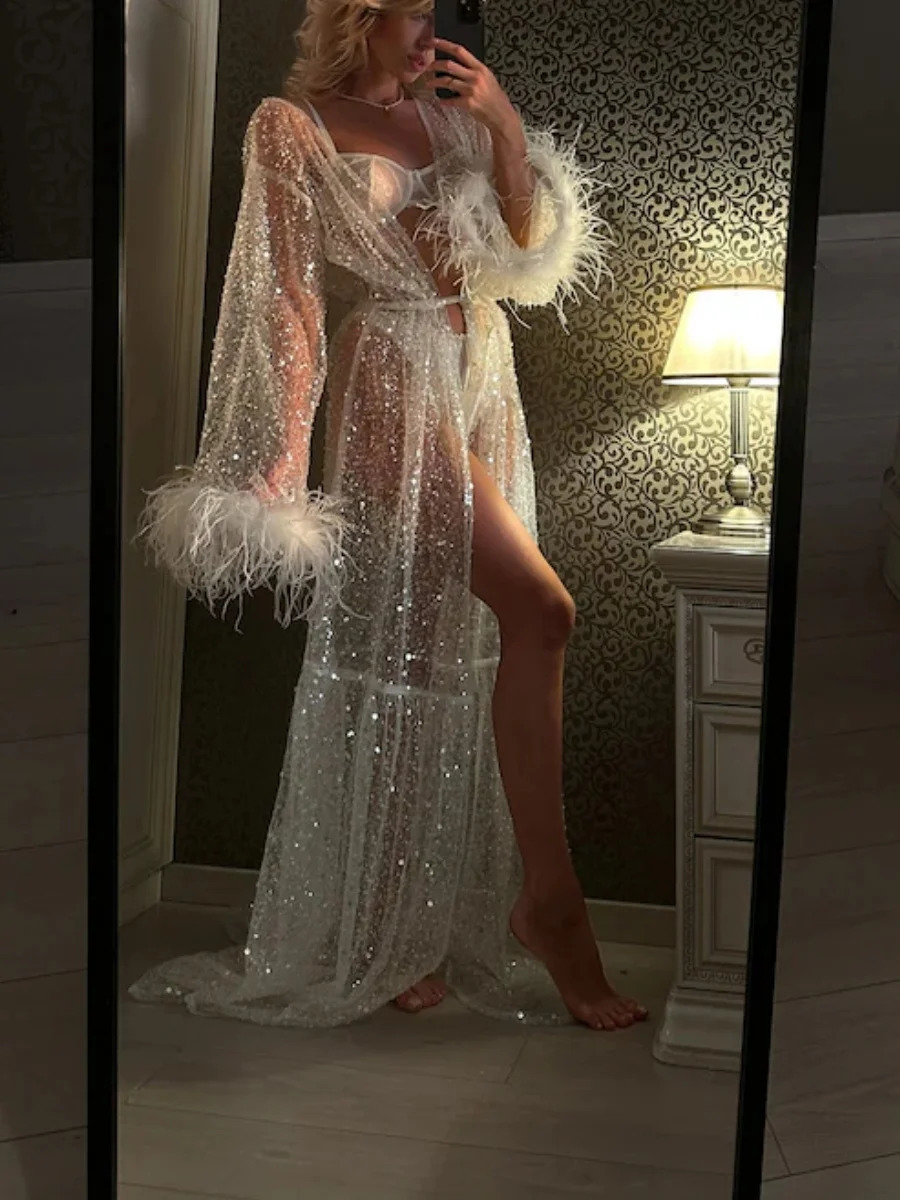 Womens sequined evening gown with feather splicing long sleeved chiffon kimono robe pajamas plush cuffs bikini top 250403