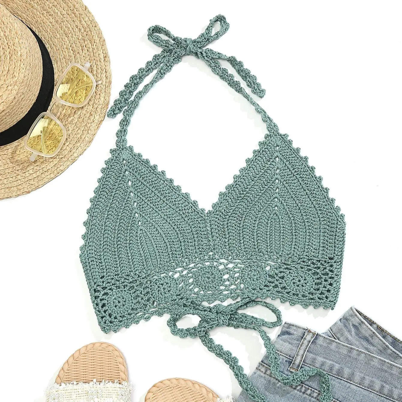 Handmade crocheted hollow bikini beachwear womens beach vacation lace up swimsuit solid color sunbathing suit 250324Z