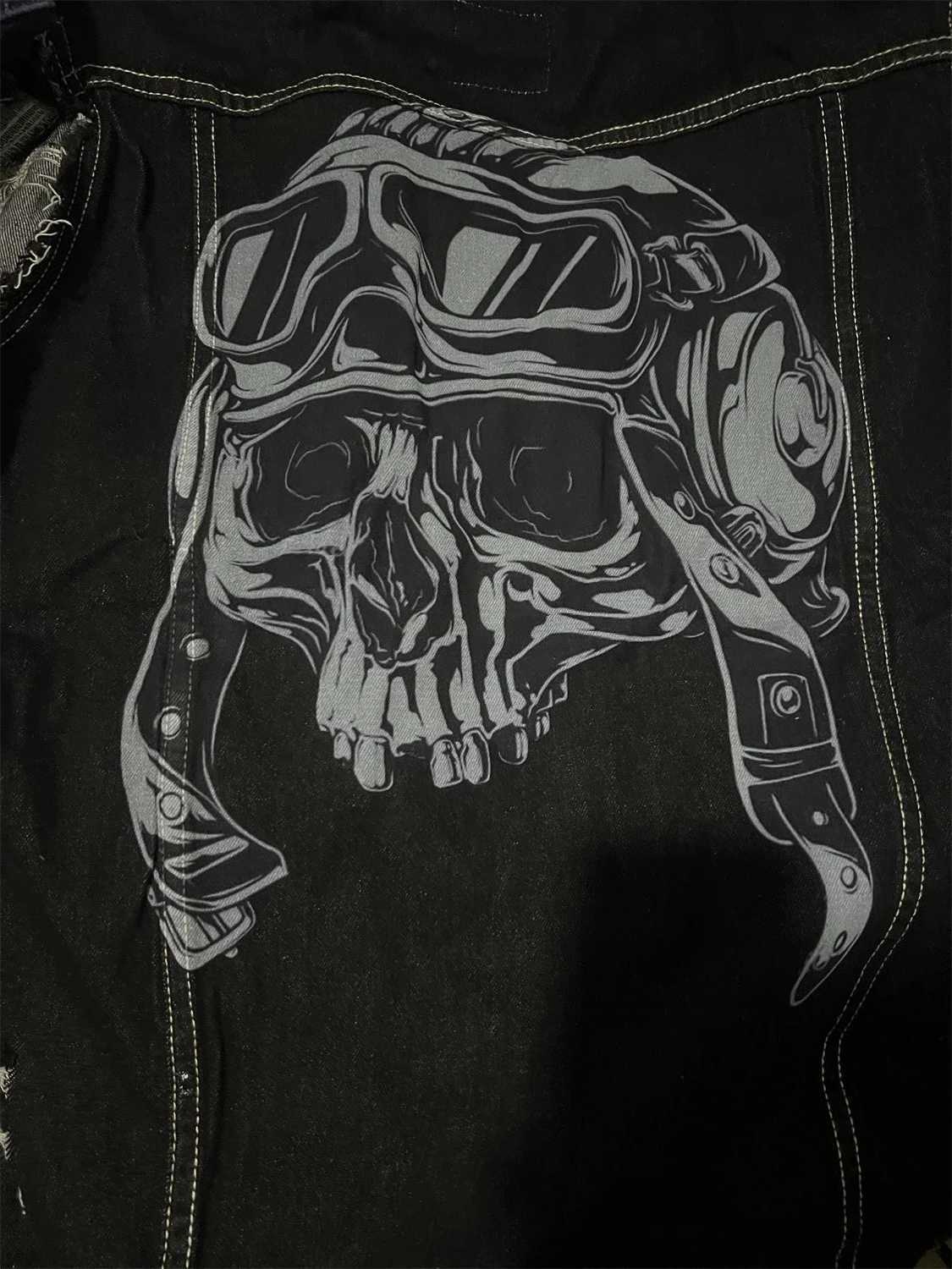 Mens Spring/Summer New Outdoor Cycling Motorcycle Punk Print Pattern Hollow Out Raw Edge Sleeveless Tank Top Denim Jacket X250403