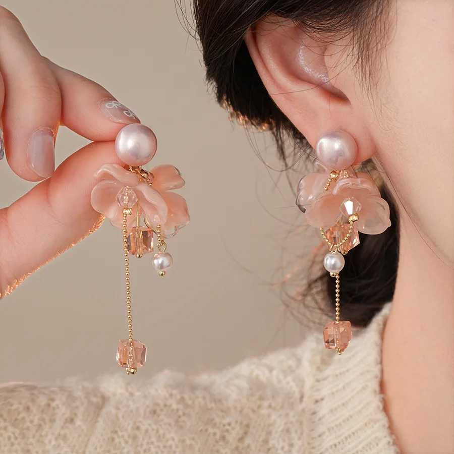 2025 New Arrival Sweet Pink Flower Tassel Pearl Dangle Earrings For Women Fashion Elegant Crystal Geometry Jewelry Gifts Y250401