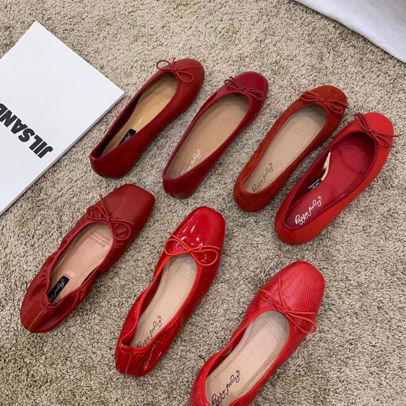 2024 Summer New Fashionable Versatile Butterfly Bow Shallow Mouth Flat Bottom Small Red Single Shoes 241206