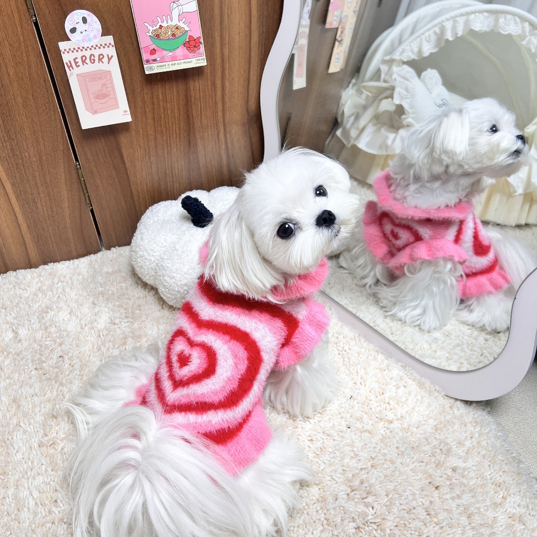 Cute Heart Pattern Pet Sweater, Soft Knit Dog Clothes, Warm Winter Apparels, Fashionable Puppy Sweater with Ruffled Edges, Cozy Pet Outfit for Maltese