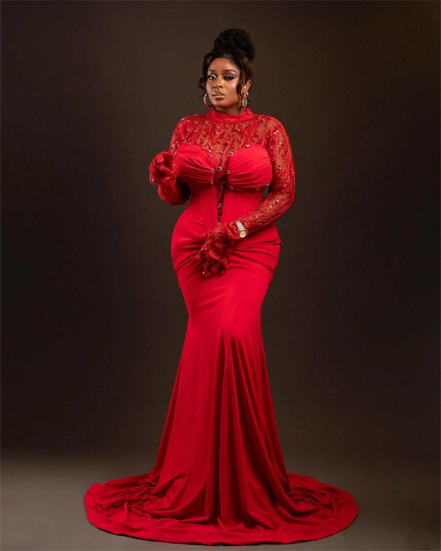 Red Mermaid Plus Size Prom Dresses Plus Size Lace Crystals Beaded Satin Evening Formal Party Second Birthday Engagement Gowns Dress For Special Occasi