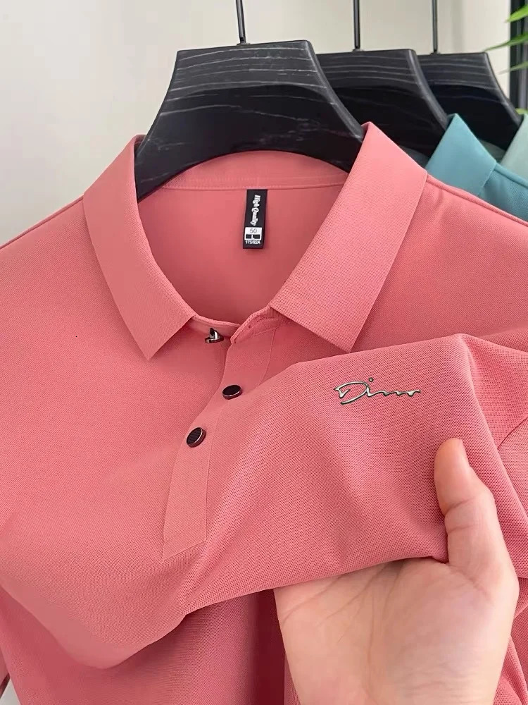 Boutique Short sleeved Mens Polo Shirt Summer Fashion Ice Silk Elastic Top Comfortable Business T-shirt 250402