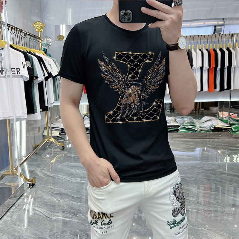 Summer new hot drill short sleeve men fashion trend round neck casual personality slim breathable comfortable T-shirt large size