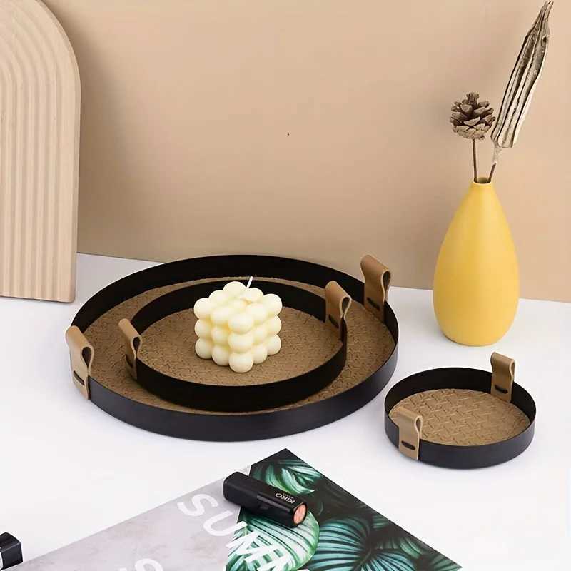 Nordic Round Jewelry Tray Woven Leather Storage Tray Living Ro Kitchen Desktop Cosmetic Sundries Plate He Decoration Y251025