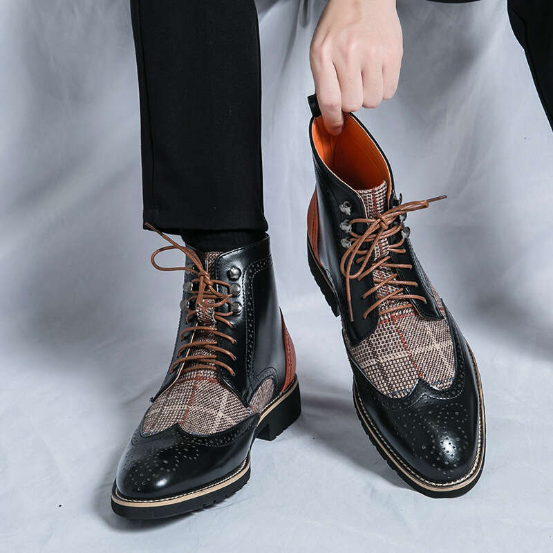 Large size men's leather 2024 spring new fashionable British style high top trend Chelsea boots