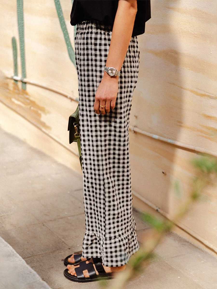 Plaid Print Flare Pants womens pleated leg elastic waistband wide leg loose casual drawstring pantsXJ250403