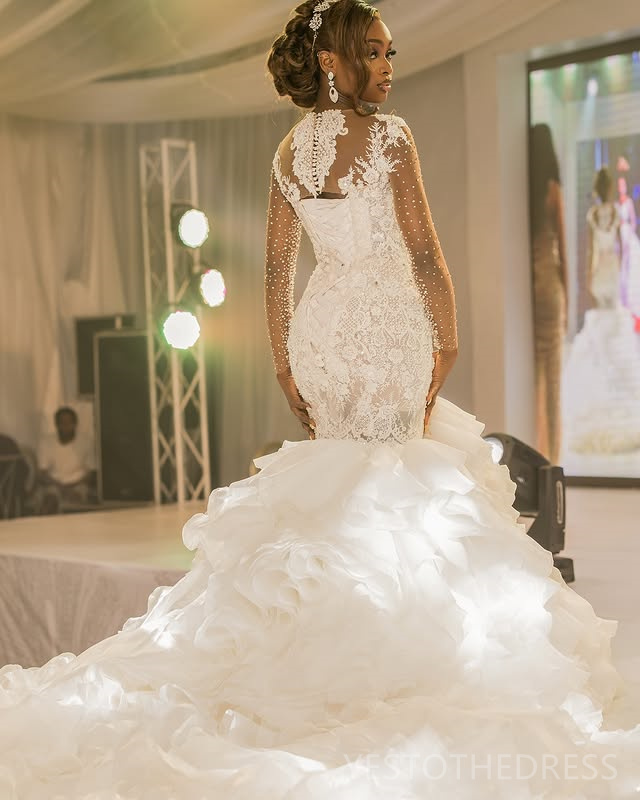 2025 Plus Size Mermaid Wedding Dress For Bride Long Sleeves Tiered Sheer Neck Illusion Long Sleeves Beaded Lace Tiered Tulle Wedding Gowns For Black W