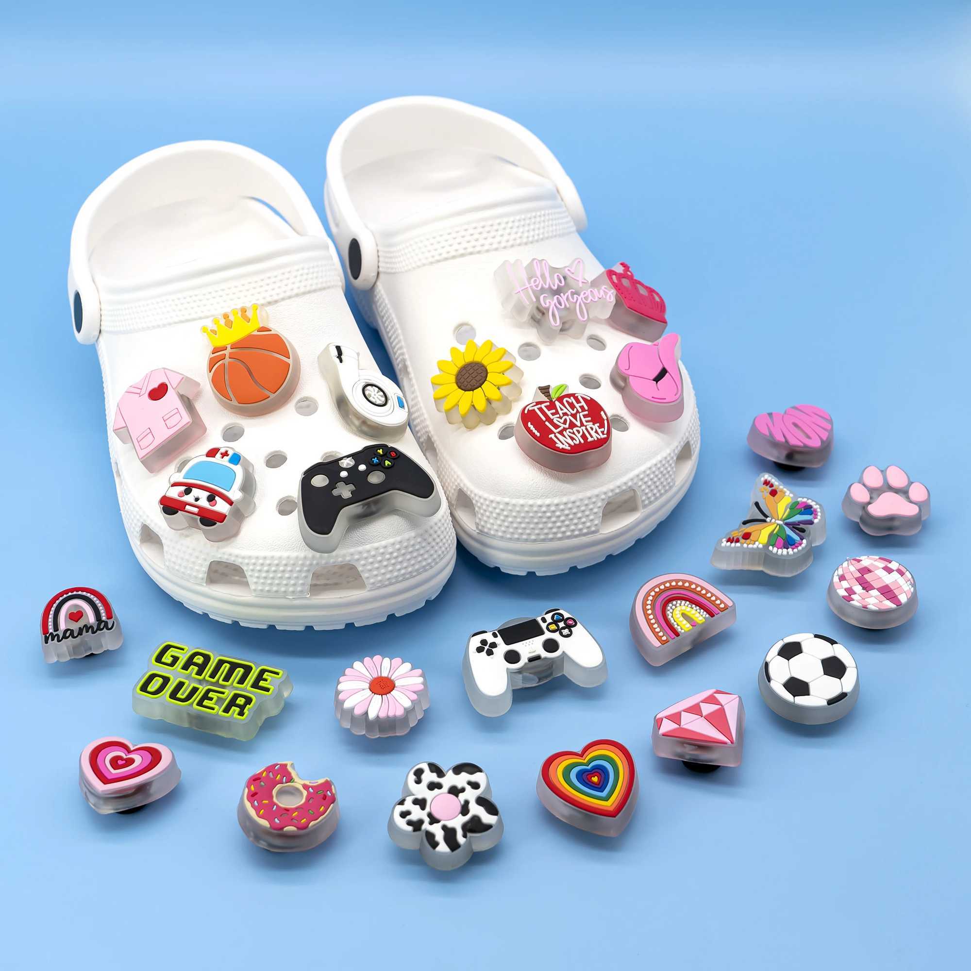 1 game board LED shoe charm football basketball light shoe decoration apple donut sunflower butterfly daisy pin Z250402