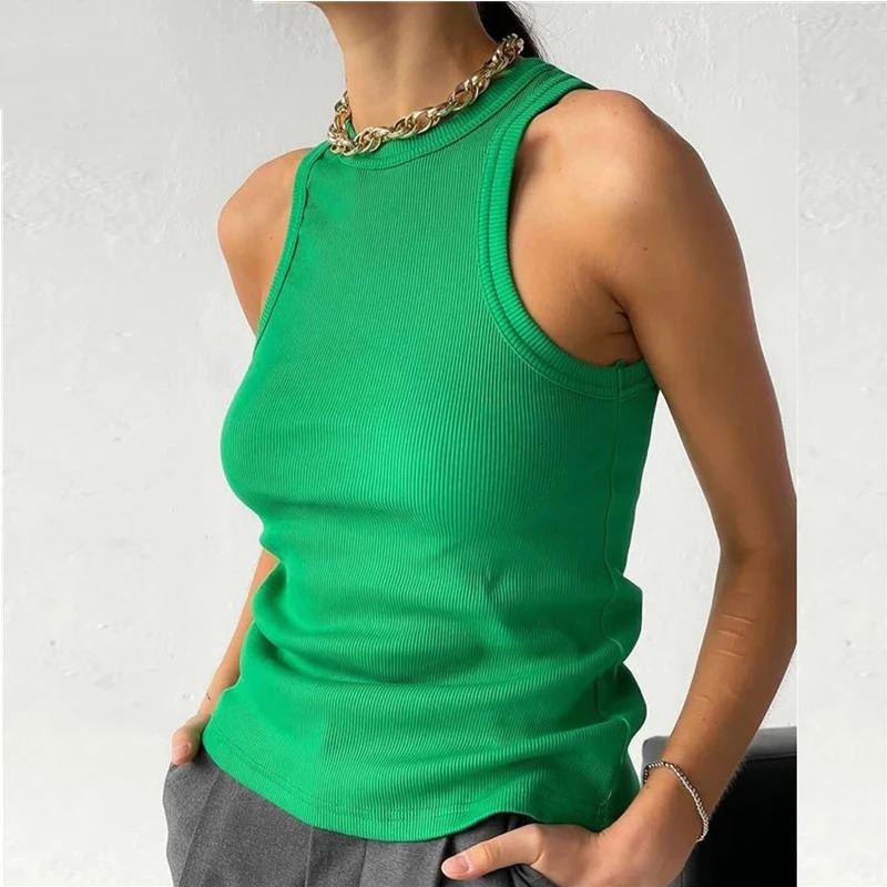 Ribbed knit top collar summer basic shirt white black casual sports vest shoulder green womens 250403e