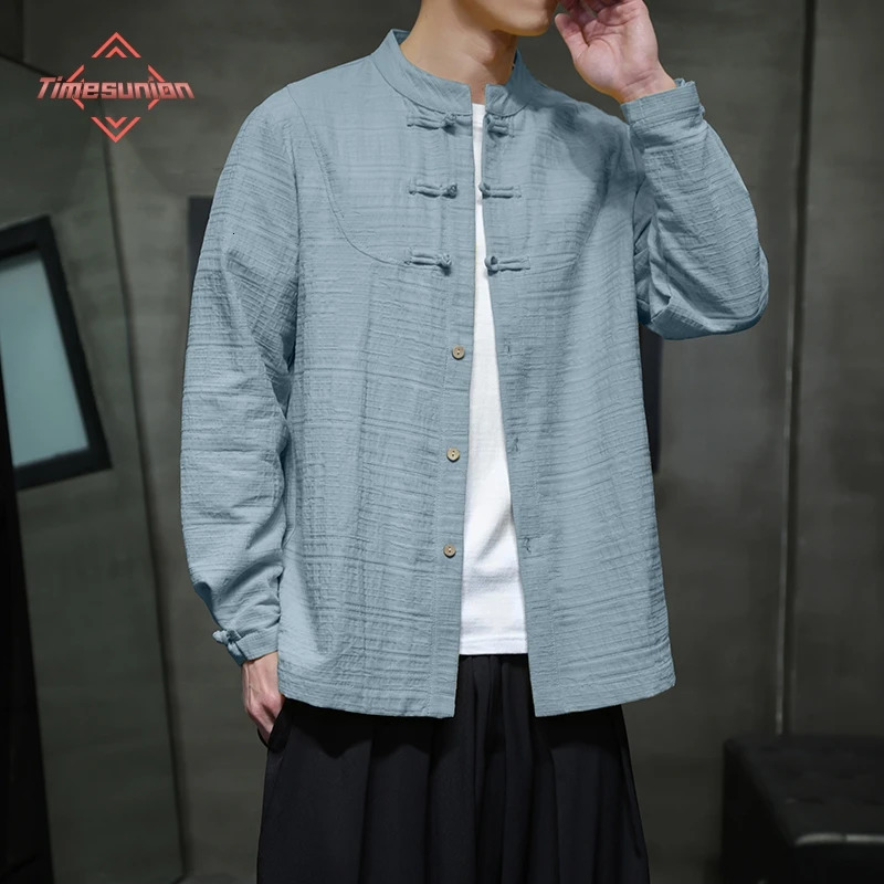 Chinese Style Cotton Linen Shirts for Man Tang Suit Top Traditional Hanfu Long Sleeve Tea Shirt Horse Coat Jacket For Men 250402